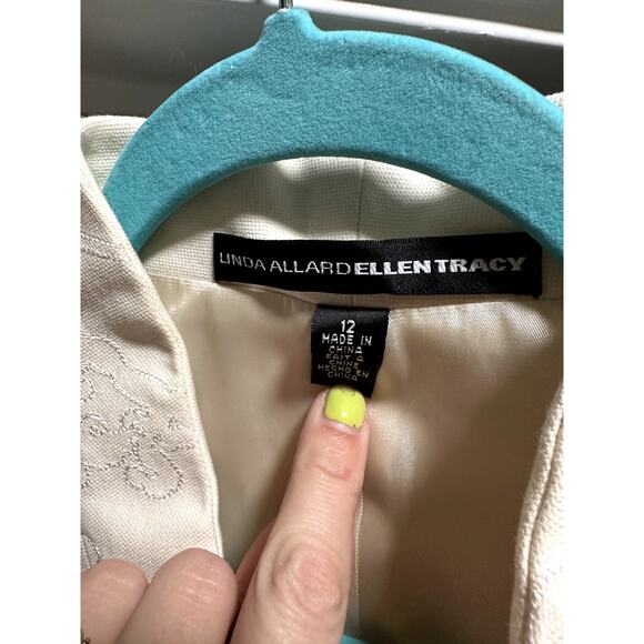 LINDA ALLEN ELLEN TRACY Off White Linen Embroidered Open Jacket Blazer - Size 12 - Picture 4 of 4